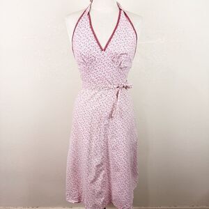 Pink Floral Halter Y2K Rockabilly Pin Up Cotton Wrap Dress XS